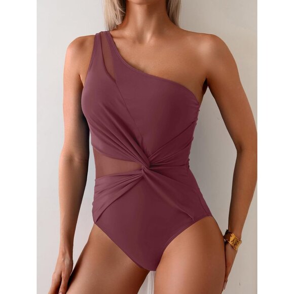 One Shoulder One-Piece Swimsuit Women's XL Mesh Tummy Control Bathing Suit Twist - Picture 4 of 6